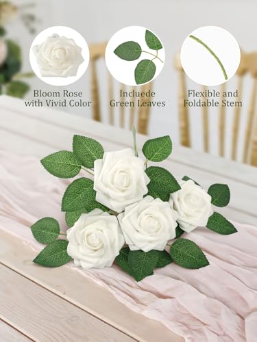 MACTING Artificial Flower Roses 30PCS Fake Flowers with Stem Real Touch Foam Roses DIY Bouquet Arrangements Table Centerpieces Party Bridal Shower Summer Wedding Decor,White - color: White-1, size: 30PCS
