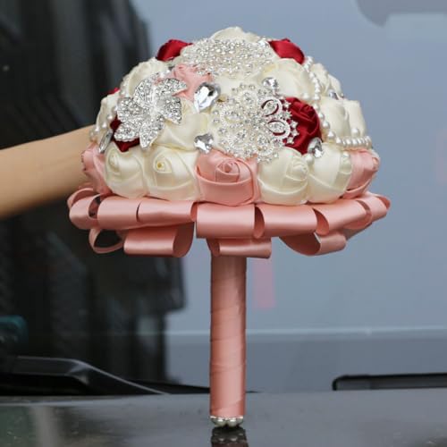 Brooch Wedding Bouquet with Bling Silver Rhinestone Pearl Satin Rose Quinceanera Flower Bouquet Ivory Blush Pink and Burgundy Bridal Bouquet Wedding for Bride Bridesmaid 7.1in - color: Burgundy, Blush & Ivory, size: Diameter: 7.1 inches