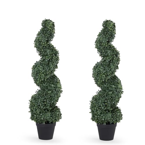 3ft Spiral Topiary Trees Artificial Outdoor Set of 2 – UV Resistant Faux Boxwood Plants for Outdoor Planters, Fake Bushes & Shrubs for Front Porch Outside Decor (3 Foot/36 Inch) - color: Dark Green, size: 3ft