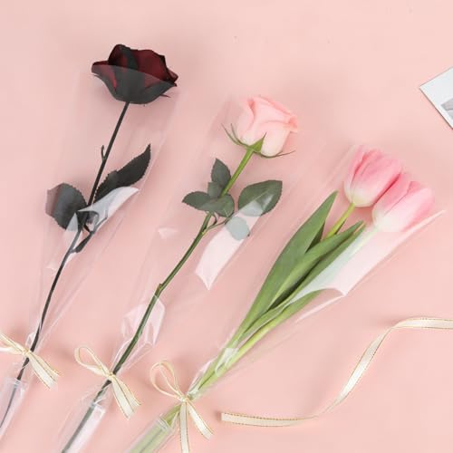 Wzifyf 50 Pcs Flower Water Tubes with 50 Pcs Clear Single Rose Sleeve Holder for Bouquets with 72 Ft Ribbon Flower Vials Individual Single Stem Floral Wrapping Bag for Mother's Day Florist Supplies - color: Clear, size: single flower wrap