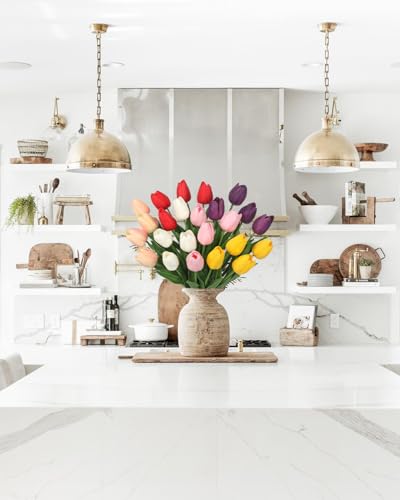 24 Pcs Artificial Tulips Flowers Mixcolor Real Touch Fake Tulips Fake Flowers for Mother's Day 13.5" Faux Tulips Faux Flowers Bulk Artificial Tulips Flowers for Vase Centerpieces Home Wedding Bouquet - color: Mixcolor Style6 #24