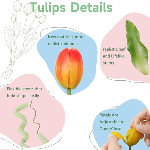 15 Pcs Orange Artificial Tulips Fake Flowers, Premium Latex Lifelike Texture, UV Resistant Waterproof Faux Tulip Bouquets with Snap-on Petals for Outdoor, Home, Wedding Decor - color: Orange
