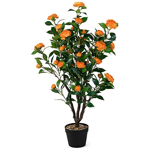 Goplus 40” Artificial Camellia Tree, Flower Plants Artificial Tree, Faux Floral Plant Blooming Tree in Cement Pot, Greenery Potted Plant for Indoor Outdoor Office Home Porch Decor, Free Maintenance - color: Orange, size: 3ft 4in