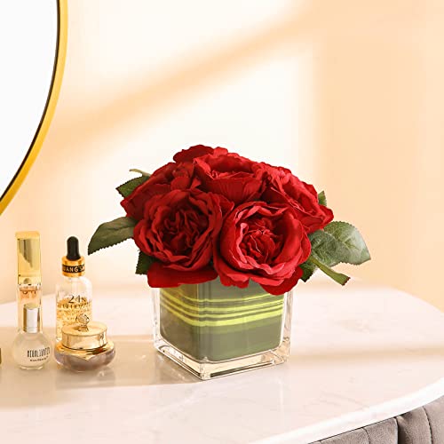 Artificial Peony Silk Flower Centerpieces Faux Floral Arrangement in Glass Vase for Home Wedding Table Decoration (Red) - color: Red