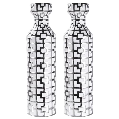 24.4 inch Tall Floor Vases Set of 2. White Vase with Silver Geometric Patterns, Ceramics Modern Flower Vases for Living Room, Entryway, Indoor/Outdoor Decor, Large Vase for Home Decor - color: White With Silver Set of 2