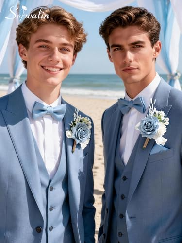 Serwalin 2 Pcs Blue Boutonniere for Men, Groom Groomsmen Best Man Guest Boutonnieres，Artificial Flowers Silk Rose for Wedding Prom Ceremony Anniversary Party Homecoming - color: Blue, size: Boutonniere 2pcs