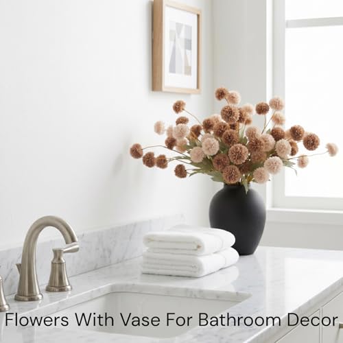 Artificial Flowers with Vase for Home Decor - Faux Mum Flower Arrangement Centerpiece, 12 Stems Beige and Brown Silk Flowers in Black Iron Vase for Dining Table Living Room Office Bedroom - size: Beige/Brown Bouquet in Vase