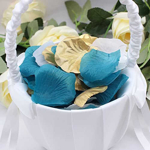 2NDTONONE 900PCS Teal Gold White Silk Rose Petals Turquoise Aqua Artificial Flower Petals for Wedding Party Table Confetti Aisle Runner Flower Girl Bridal Shower Hotel Home Vase Decoration