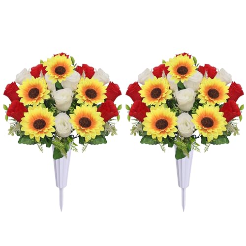 Lodou Artificial Cemetery Flowers for Grave,Set of 2 Artificial Rose Sunflower Bouquet Graveyard Memorial Flowers for Outdoor Grave Decorations ﻿ (Red White) - color: Red White