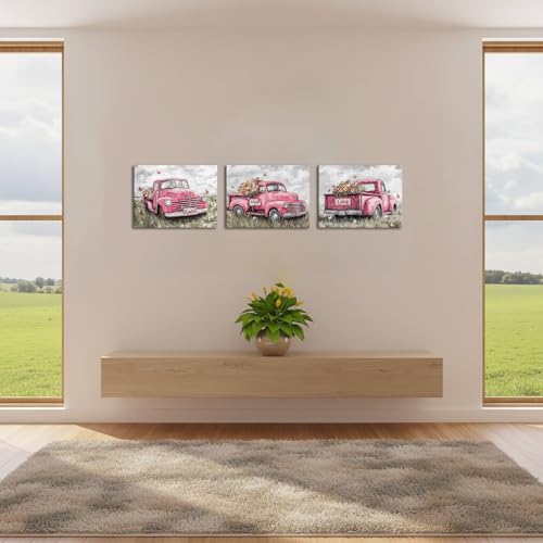 sechars Truck Wall Art Canvas Vintage Farmhouse Decor Faith Hope Love Floral Painting Prints (Pink) - color: Pink
