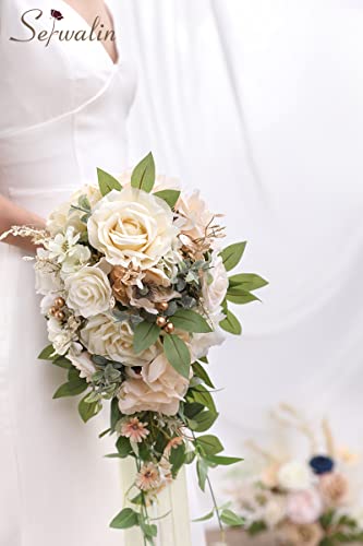 Serwalin 9.8 Inch Wedding Bouquets for Bride Bridesmaid, Champagne Rose Bridal Bouquets for Bride, Wedding Flowers Bouquet Tossing Bouquet, Wedding Ceremony and Anniversary Day Decoration - color: Adorable Champagne