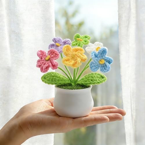 LAIDANLA Crochet Flowers Forget Me Not Potted Plant, Mini Handmade Knitted Flower for Desk, Crochet Flower in Pot, Unique Gifts for Women Teacher Mom Friend, Birthday Graduation - color: Colorful