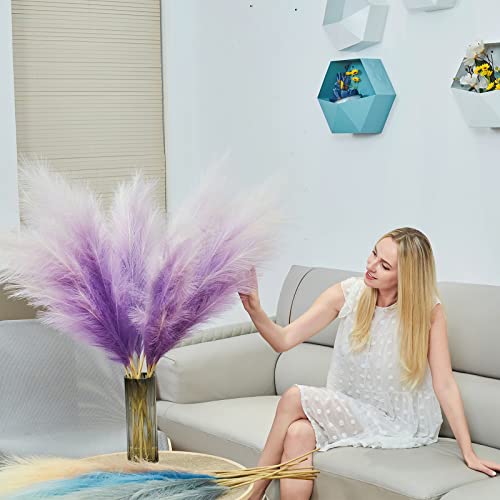 Faux Pampas Grass Decor, 6 Stems Artificial Pampas Grass - 43 inch Tall Pompass Grass Large Pompous Boho Flower Arrangement Home Decor for Room Wedding Party - color: Gradient-purple