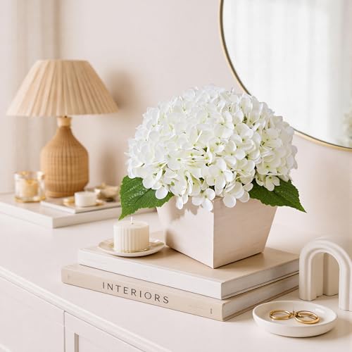 Artificial Hydrangea Flowers Arrangement in Wood Planter, 4PCS Fake White Flowers in Wooden Vase Potted Floral Centerpieces for Tables Living Room Home Office Room Shelf Kitchen Decor - color: White Hydrangea