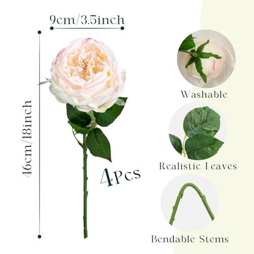 4 Pcs Real Touch Peonies Artificial Flowers, 3.5'' Big Bloom Austin Rose Peony Latex Fake Flower with Stems for Wedding Bouquet Party Valentines Arrangement Home Kitchen (Edge Pink) - color: Edge Pink