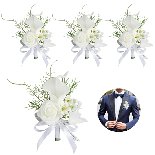 4PCS Calla Lily Boutonniere Handmade Romantic White Corsage Suitable for Wedding Ceremony, Anniversary, Dinner Dance (4), 10 x 14 cm