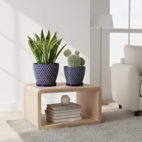 Docrin Blue Honeycomb Ceramic Plant Pot Set - 6.6"+5.5" Inch, Modern Decorative Planters with Drainage Holes & Saucers for Indoor/Outdoor Home Office - color: Blue