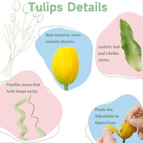 15 Pcs Yellow Artificial Tulips Fake Flowers, Premium Latex Lifelike Texture, UV Resistant Waterproof Faux Tulip Bouquets with Snap-on Petals for Outdoor, Home, Wedding Decor - color: Yellow