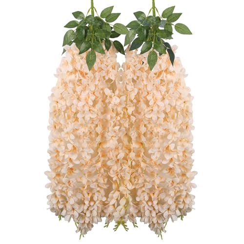 2PCS Champagne Wisteria Hanging Flowers, 2.95ft Wisteria Garland with 5 Branches Realistic Silk Hanging Flowers for Decoration, Wedding Arch, Party Backdrop, and Home Wall Decor - color: Champagne