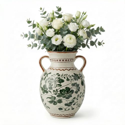 EFISPSS Ceramic Vintage Vase Decorative Spring Decor Chinese Crackle Floral Handle for Dining Room Living Room Green - color: Green