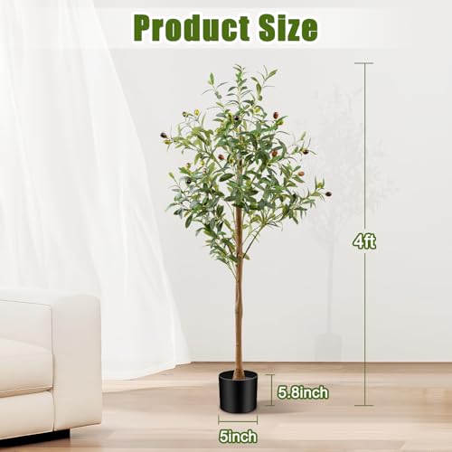 4FT Artificial Olive Tree Indoor, Tall Faux Olive Tree with Pot&Basket, Large Fake Olive Tree with Realistic 576 Silk Leaves and 32 Fruits for Living Room Home Office Decor - size: 4ft