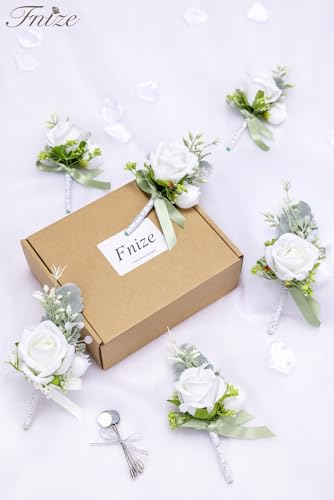 Fnize White Boutonniere for Men, 6 Pcs Groom Groomsmen Boutonnieres, Artificial Flowers for Wedding Prom Homecoming - color: White