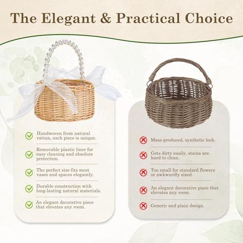 Flower Girl Basket, Wicker Rattan Wedding Flower Basket with Pearl Handle, Lace Bows and Lining, Handwoven Rustic Elegant Small Basket for Wedding Party Home Garden Decoration Outdoor Picnic