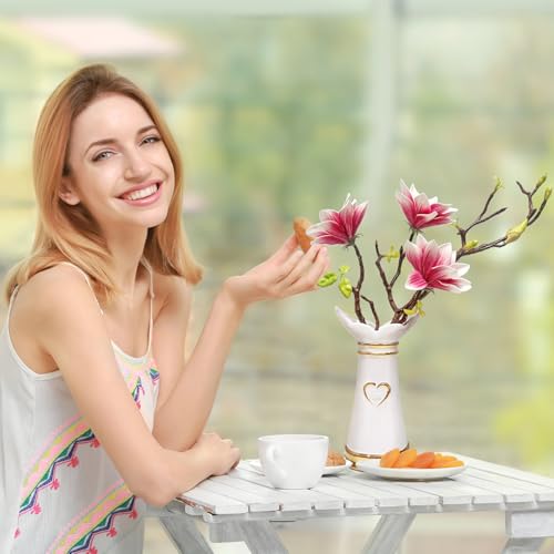 LoveLin Artificial Flowers Pink with Ceramic Vase - Ready-to-Display Home Decor Indoor for Living Room, Dining Table, Office, Wedding & Housewarming, Magnolia Flower & White Vase - color: Pink/White