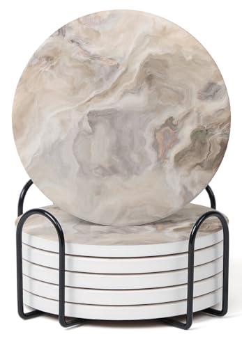 Set of 6 Abstract Marble Coasters with Holder, Absorbent Ceramic Coasters for Drinks, Coasters with Cork Backing for Table Protection, Housewarming Gifts for New Home - color: Abstract Sand Marble