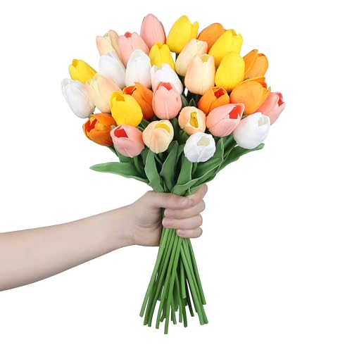 SITUMEIZI Fake Flowers Tulips Artificial PU Flower 15pcs Real Touch 14" for Spring Easter Home Kitchen Wedding Bouquet Bulk Mother's Gift Day Decorations(Multicolor,5-2) - color: White,pink,sunset Red,light Orange,yellow