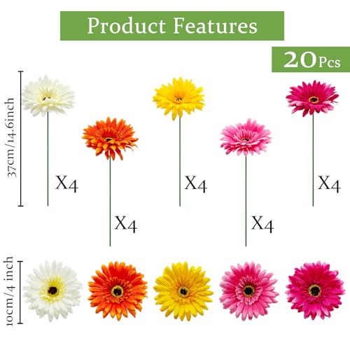 20 Pcs Fake Silk Gerbera Daisy Artificial Flowers with Stems Faux Daisies Flower Bulk for DIY Art Crafts Home Wedding Party Vase Centerpieces Tables Garland Wreath Decoration (Multi Color) - color: Multi Color