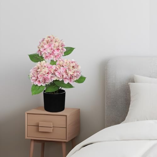 Hollyone Pink Hydrangea Artificial Flowers in Pot Large Silk Hydrangeas Flowers Fake Flowers Arrangements for Indoor Home Office Kitchen Table Centerpieces Wedding Decorations - color: Pink, size: 3 Head Hydrangea