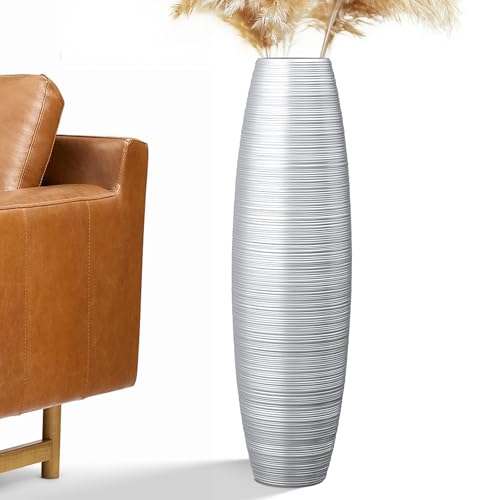 Tall Floor Vase, 27.5 inches (70cm, 2.3FT) Tall Vases Sturdy, Luxury, Textured for Decorative Branches Dried Flowers, Floor Vase for Rustic Living Room, Modern Decor, Resin Silver Vases - color: Silver, size: 27.5 in
