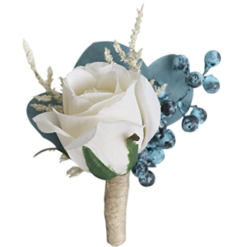 MOJUN Wedding Wrist Corsage Boutonniere Set Artificial Rose and Handmade Silk Bride Wrist Corsage and Men Boutonniere Set for Wedding Party Prom Decorations, Dusty Blue - color: Corsage and Boutonniere Set