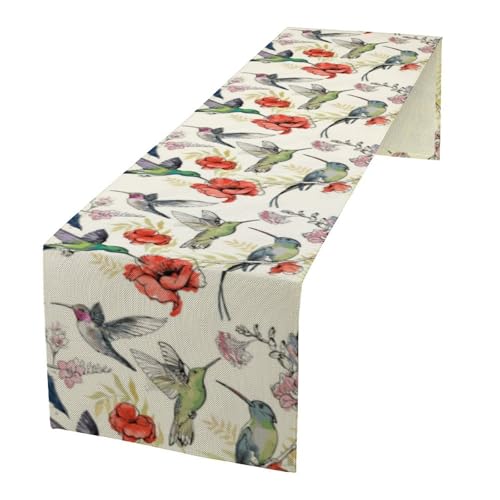 Summer Tropical Hummingbird Floral Table Runner,Spring Birds Table Runner Burlap Table Decoration for Seasonal Home Kitchen Dining Dinner Indoor Holiday Farmhouse Decor 13x36 Inch - color: Bird_6, size: 13x36inch