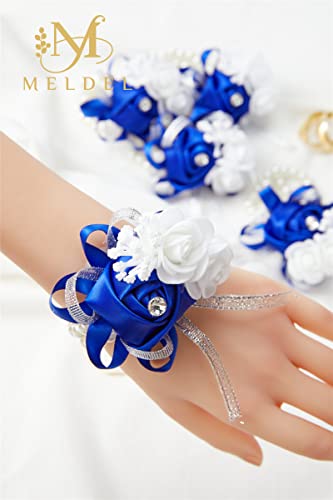 2pcs Royal Blue Wedding Wrist Corsages Faux Silk Rose for Women | for Wedding, Prom, Homecoming, and Evening Party, Wrist Corsages with Pearls for Brides, Bridesmaids, Mother of the Bride - color: 2pcs Royal Blue Wrist Corsages
