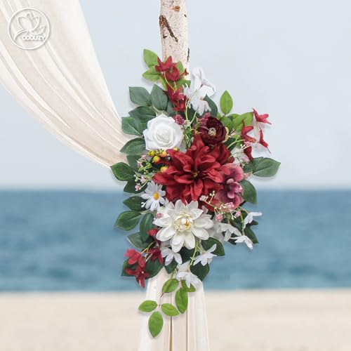 Odouzy Wedding Arch Flowers Kit,Artificial Flower Arch Decor (Set of 3),2pcs Artificial Flower Arrangement with 1pc Sheer Drape for Wedding Decor Reception Backdrop Floral Decorations (Wine Red) - color: Wine Red