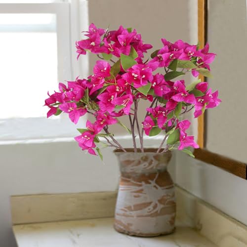 CITYES 2 Pcs Artificial Flowers Bougainvillea Outdoor Faux Bougainvillea Flowers with Stems Artificial Bougainvilleas Silk Flowers Branches for Garden Wedding Centerpieces Table Runner Decor - color: Rose Red 2