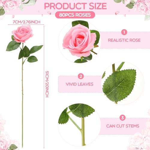 Hotop 80 Pcs Rose Artificial Flowers Bulk with Long Stem, Silk Roses Realistic Fake Flowers Bouquet for Wedding Table Centerpieces Bridal Shower Party Home Decorations(Pink) - color: Pink
