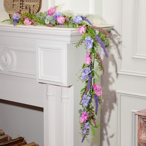 Giegxin 1 Pcs 6 ft Artificial Flower Garland with Lilac and Lavender Purple Pink Flower Fake Wisteria Vines Summer Greenery Eucalyptus Garland for Wedding Mantle Porch Stair Table Indoor Decor - style: Lilac