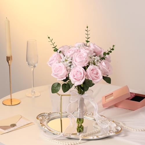 Hawesome 12PCS Artificial Flowers Fake Roses, Realistic Velvet Long Stem Red Roses Bouquet for Wedding Centerpiece Home Decor Party & Valentines (Light Pink) - color: Pink