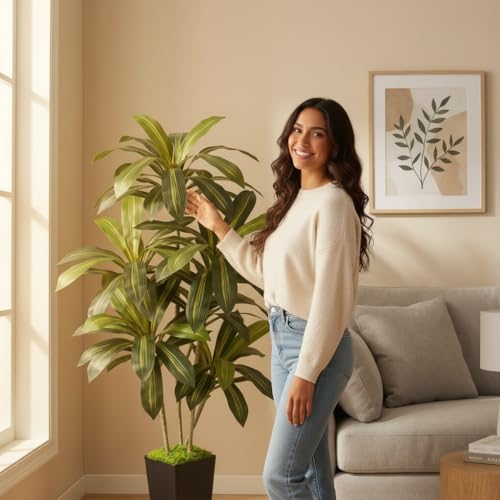 6ft Artificial Dracaena Tree | Realistic Faux Dragon Tree, Silk Tree with Pot, Indoor Home Office Decor For Corner, Modern Floor Plant - color: Black