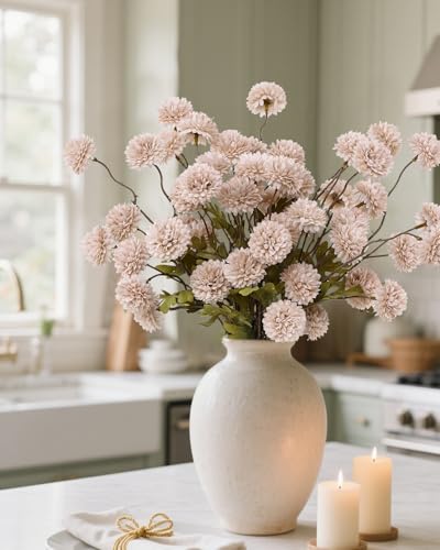 DuHouse 6pcs Artificial Flowers Faux Silk Pompon Mum,Silk Small Mini Chrysanthemum Ball with Stems for Wedding DIY Champagne Arrangements Bouquets Centerpieces Home Decorations(Beige) - color: Beige, size: 6pcs
