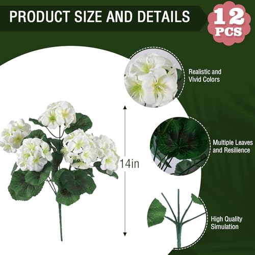 Hananona 12 Pcs Artificial Geranium Flowers for Outdoors Geranium White Silk Flowers Outdoor UV Resistant Garden Plants Faux Flowers for Home Kitchen Table Centerpieces Decor (12, White) - color: White