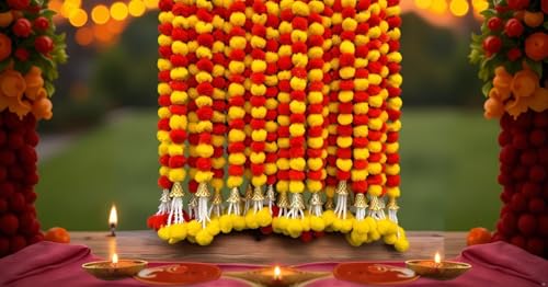 5 Pc 5 feet Long Marigold Garland for Decoration Long Strands Artificial Marigold Flowers | Indian Décor for Pooja | Wedding | Christmas | Diwali Decor (Yellow & Orange)