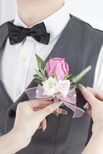 Hot Pink Corsage and Boutonniere Set for Wedding Prom, Artificial Rose Flower Homecoming Corsage Wristlet, Boutonniere for Men Wedding Suit Decor - color: Hot Pink