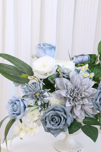 Artificial Flower Combination Box Set Artificial Flower Loose Leaves and Stems DIY Wedding Center Bouquet Bride Wedding Baby Shower(Grey White Blue) - color: Grey White Blue