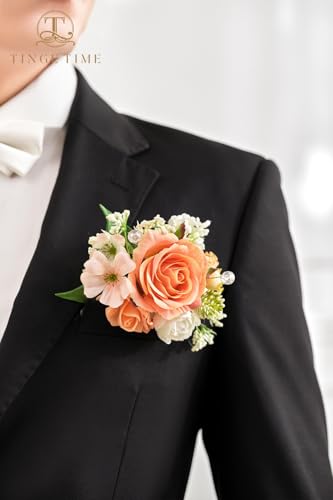 Tinge TIME Luxury Groom Boutonniere for Wedding, 1 PCS Pocket Boutonniere for Men Wedding, Artificial Corsage for Prom Formal Dinners Homecomings Anniversaries Ceremonies (CoralPink&Champagne) - color: Coralpink&champagne