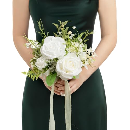 Ling's moment Lily White Artificial Wedding Flower Bouquets for Bridesmaids Floral Bouquet 7 Inch Bridesmaid Bouquets with Ribbon Ceremony Anniversary,7-inch Diameter - color: Wht-lily of the Valley White