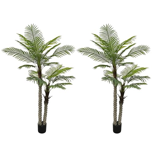 2 PCS Fake Palm Tree 7FT for Outdoor Indoor Decor,2 Trunks UV Resistant Faux Silk Plants Perfect for Outside Patio Poolside Yard Home Office Living Room Decor - color: 7ft*2-2pole